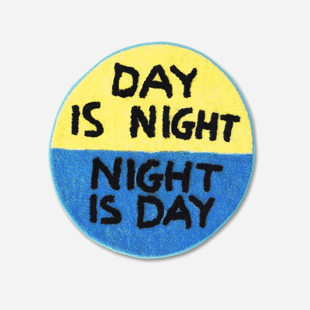 David Shrigley Day Is Night Shaggy Floor Mat Rug Round Blue Yellow